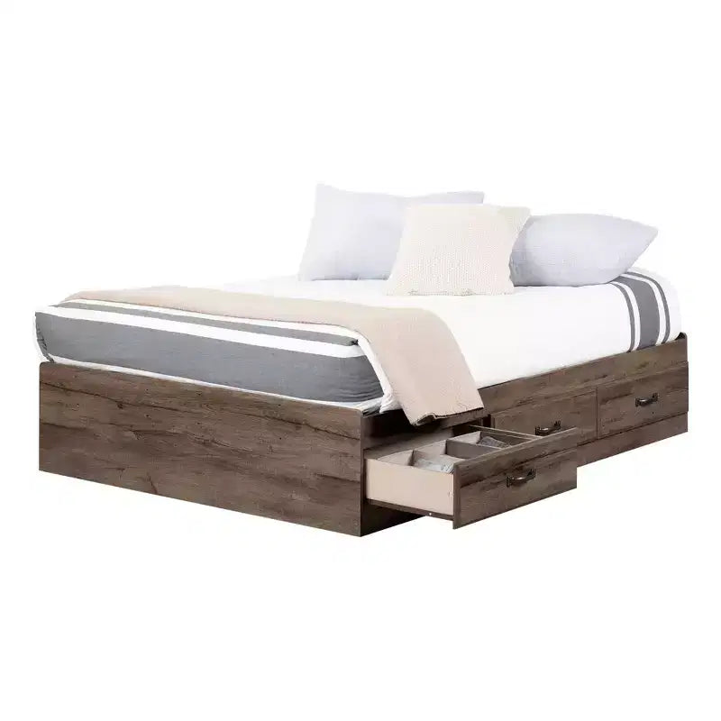 Lit double pour enfants avec 3 tiroirs Chêne automne - Cadre de lit double moderne, rangement, non capitonné