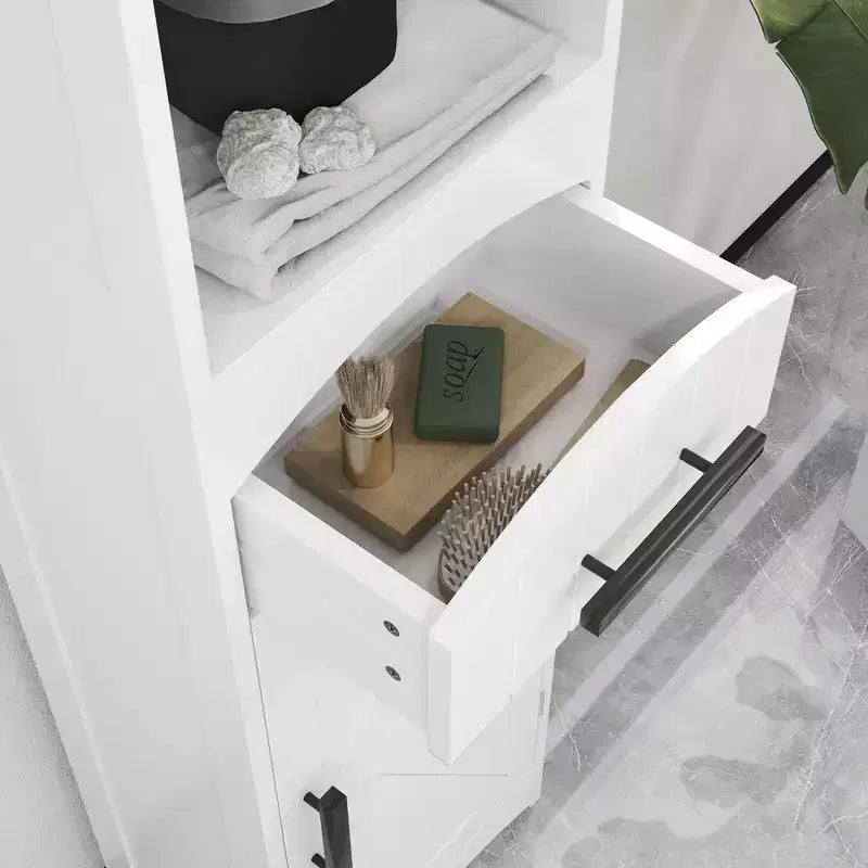 Meuble de Rangement Étroit de Salle de Bain de Style Ferme avec Tiroir Encastré, Armoire de Rangement Haute et Mince avec Porte de Grange