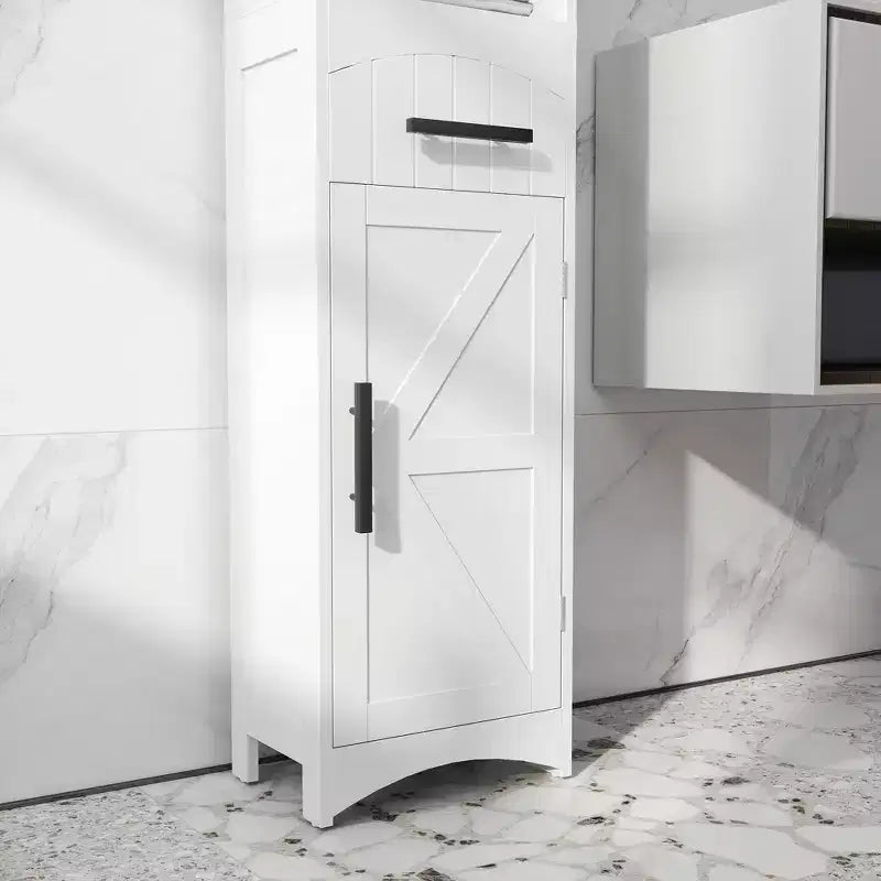 Meuble de Rangement Étroit de Salle de Bain de Style Ferme avec Tiroir Encastré, Armoire de Rangement Haute et Mince avec Porte de Grange