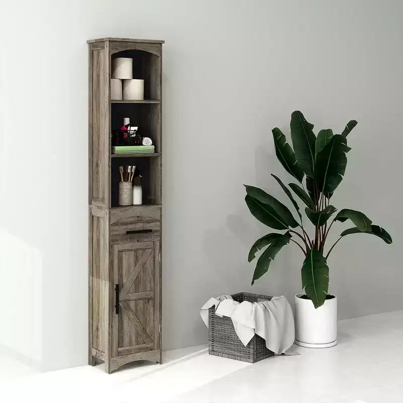 Meuble de Rangement Étroit de Salle de Bain de Style Ferme avec Tiroir Encastré, Armoire de Rangement Haute et Mince avec Porte de Grange