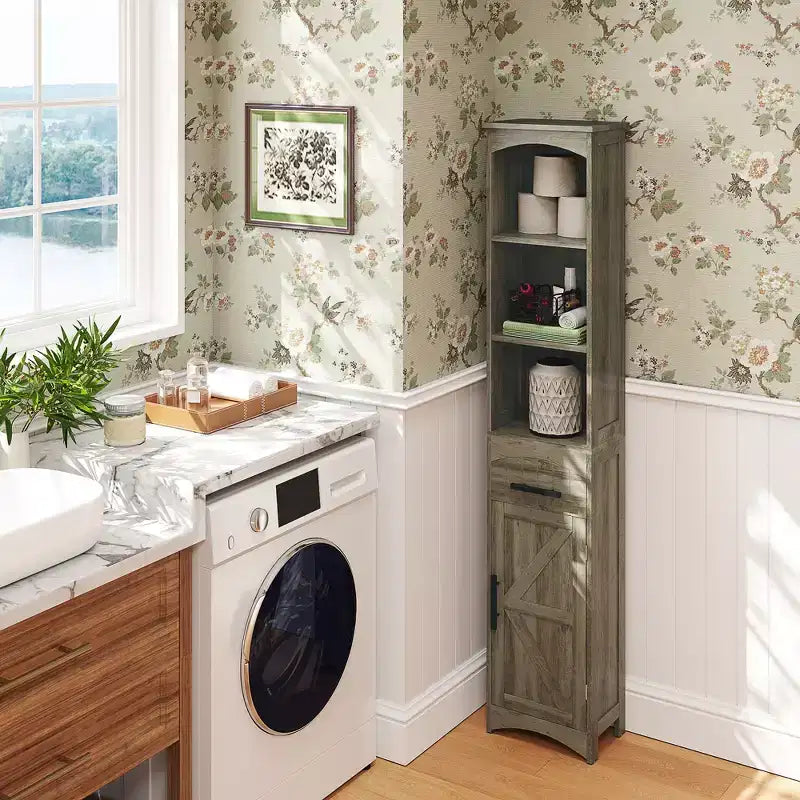Meuble de Rangement Étroit de Salle de Bain de Style Ferme avec Tiroir Encastré, Armoire de Rangement Haute et Mince avec Porte de Grange