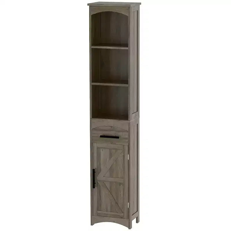 Meuble de Rangement Étroit de Salle de Bain de Style Ferme avec Tiroir Encastré, Armoire de Rangement Haute et Mince avec Porte de Grange
