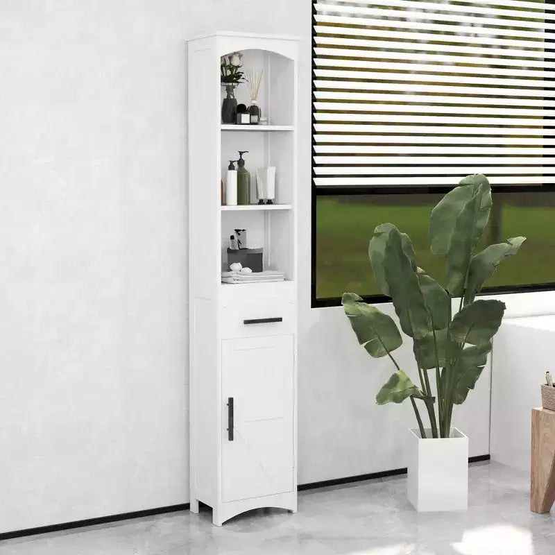 Meuble de Rangement Étroit de Salle de Bain de Style Ferme avec Tiroir Encastré, Armoire de Rangement Haute et Mince avec Porte de Grange