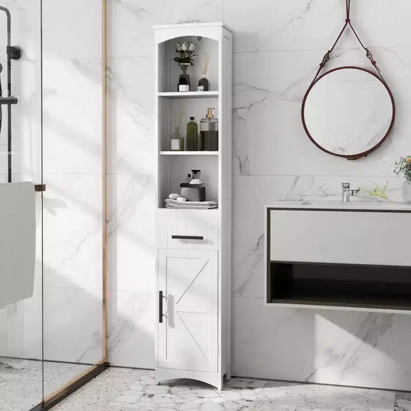 Meuble de Rangement Étroit de Salle de Bain de Style Ferme avec Tiroir Encastré, Armoire de Rangement Haute et Mince avec Porte de Grange