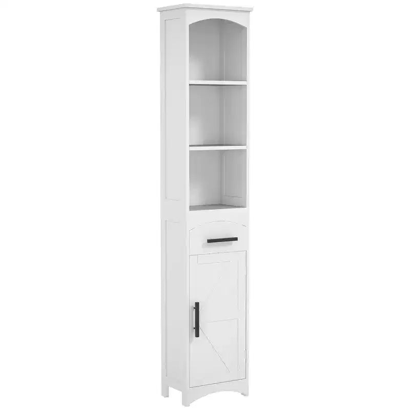 Meuble de Rangement Étroit de Salle de Bain de Style Ferme avec Tiroir Encastré, Armoire de Rangement Haute et Mince avec Porte de Grange