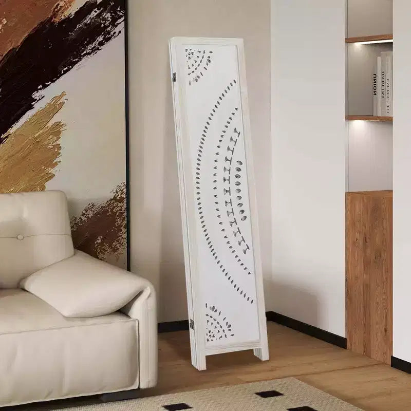 Paravent Bohème à 4 Panneaux avec Motif Sculpté et Cadre en Bois Massif Charnières à 360°