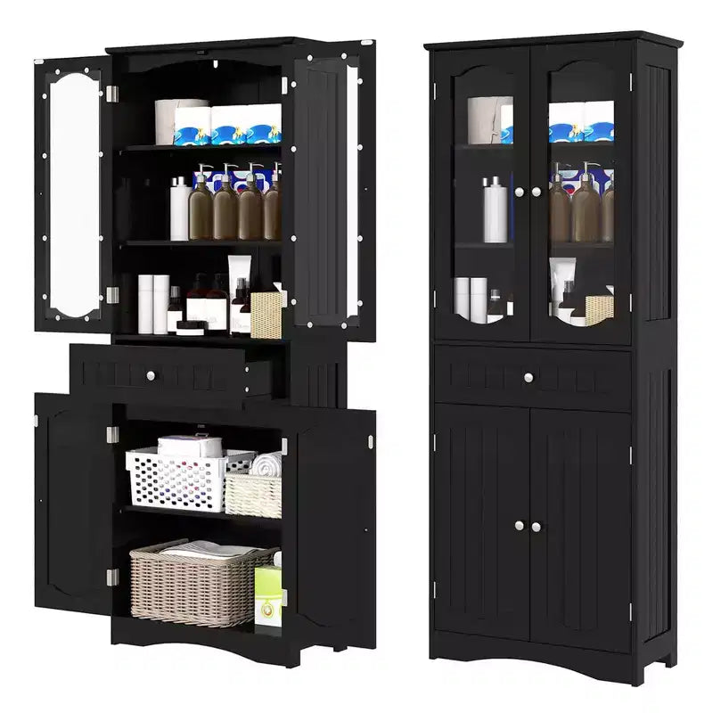 Armoire de salle de bain haute de 63 po avec portes en verre trempé, étagères réglables, grand tiroir Blanc/Noir