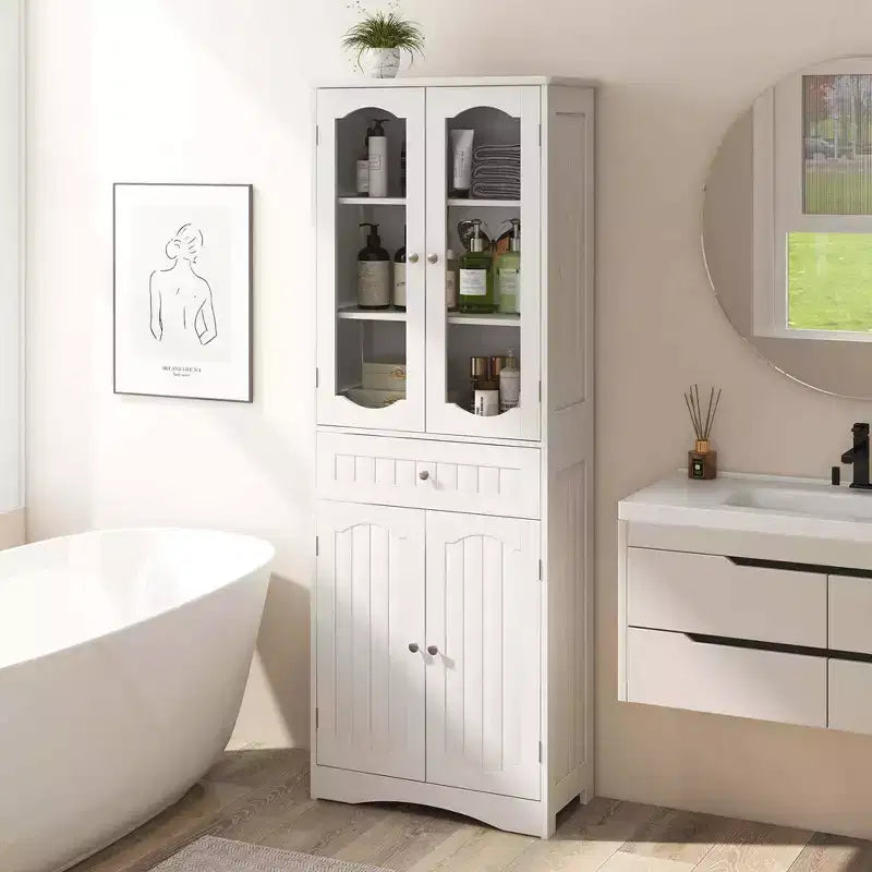 Armoire de salle de bain haute de 63 po avec portes en verre trempé, étagères réglables, grand tiroir Blanc/Noir