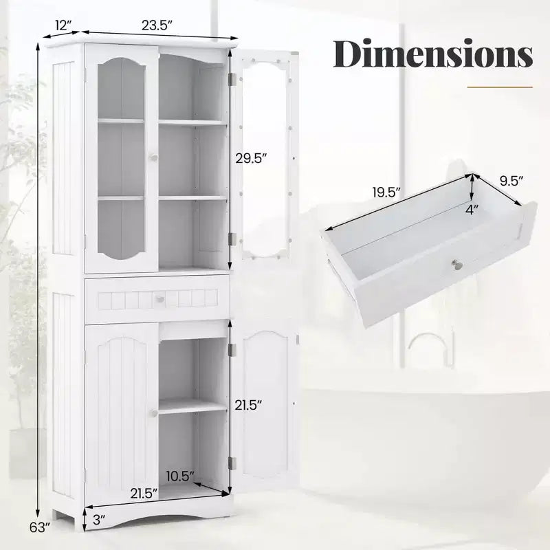 Armoire de salle de bain haute de 63 po avec portes en verre trempé, étagères réglables, grand tiroir Blanc/Noir