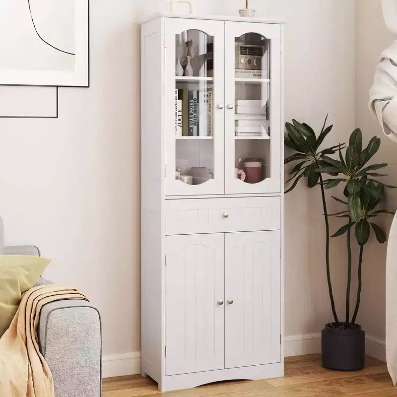Armoire de salle de bain haute de 63 po avec portes en verre trempé, étagères réglables, grand tiroir Blanc/Noir
