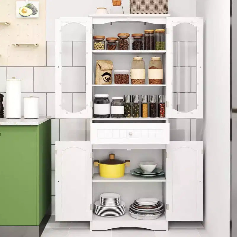 Armoire de salle de bain haute de 63 po avec portes en verre trempé, étagères réglables, grand tiroir Blanc/Noir