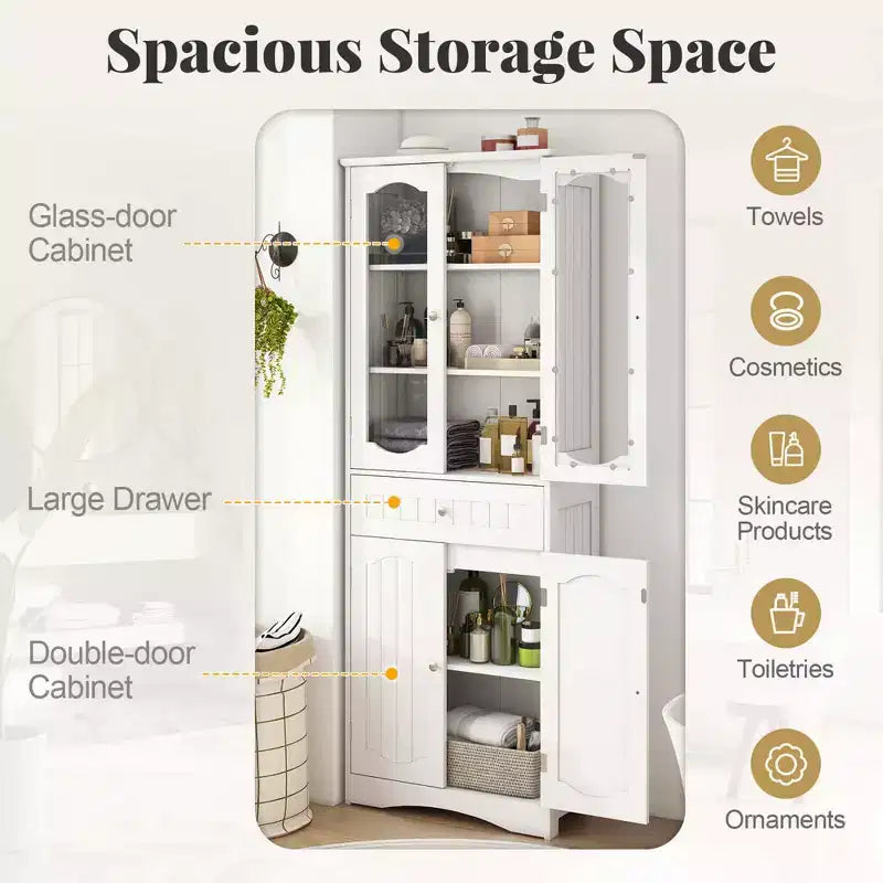 Armoire de salle de bain haute de 63 po avec portes en verre trempé, étagères réglables, grand tiroir Blanc/Noir