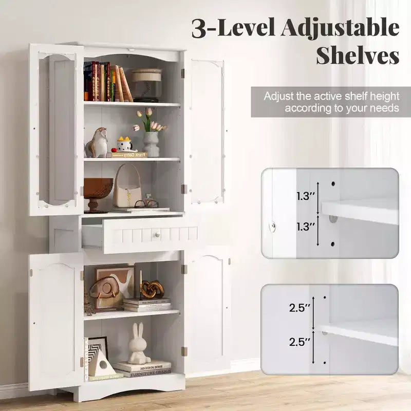 Armoire de salle de bain haute de 63 po avec portes en verre trempé, étagères réglables, grand tiroir Blanc/Noir