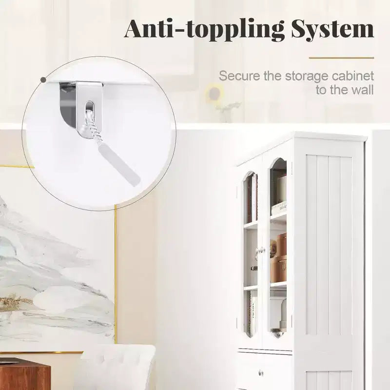 Armoire de salle de bain haute de 63 po avec portes en verre trempé, étagères réglables, grand tiroir Blanc/Noir