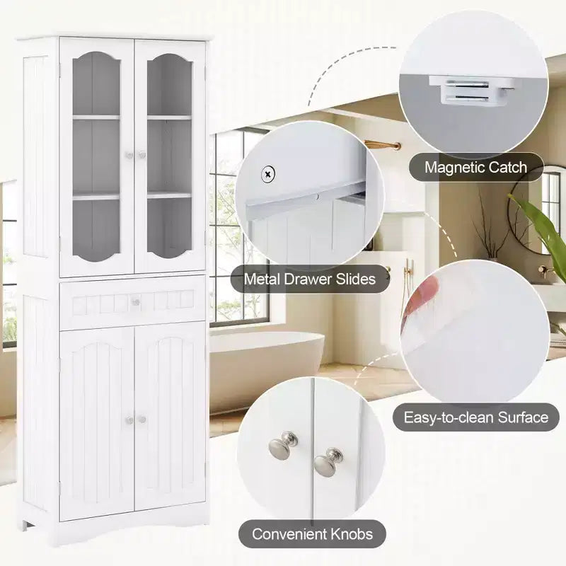 Armoire de salle de bain haute de 63 po avec portes en verre trempé, étagères réglables, grand tiroir Blanc/Noir