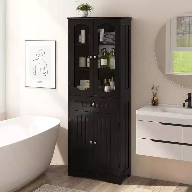 Armoire de salle de bain haute de 63 po avec portes en verre trempé, étagères réglables, grand tiroir Blanc/Noir