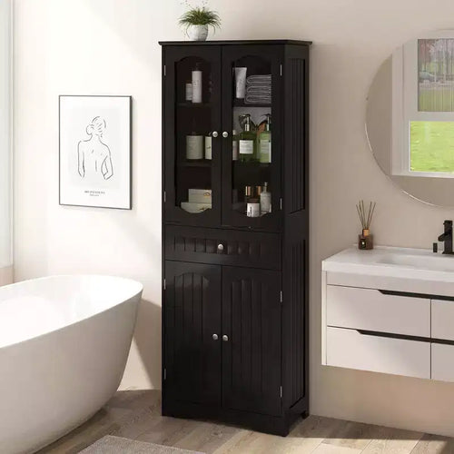 Armoire de salle de bain haute de 63 po avec portes en verre trempé, étagères réglables, grand tiroir Blanc/Noir