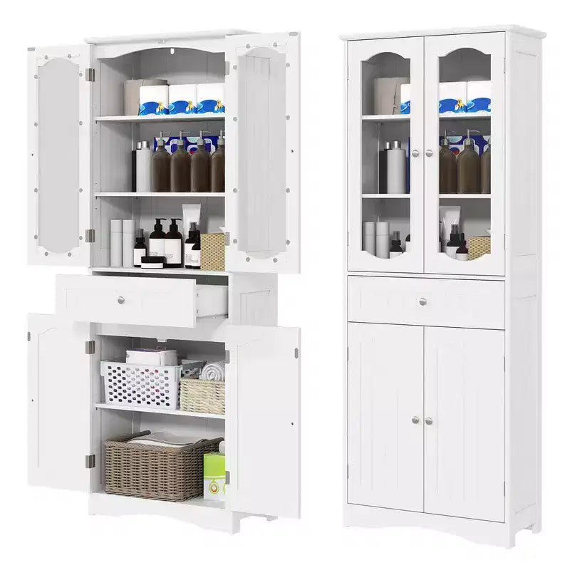 Armoire de salle de bain haute de 63 po avec portes en verre trempé, étagères réglables, grand tiroir Blanc/Noir