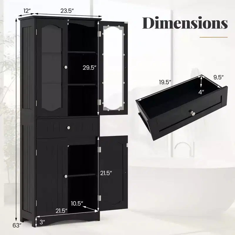 Armoire de salle de bain haute de 63 po avec portes en verre trempé, étagères réglables, grand tiroir Blanc/Noir