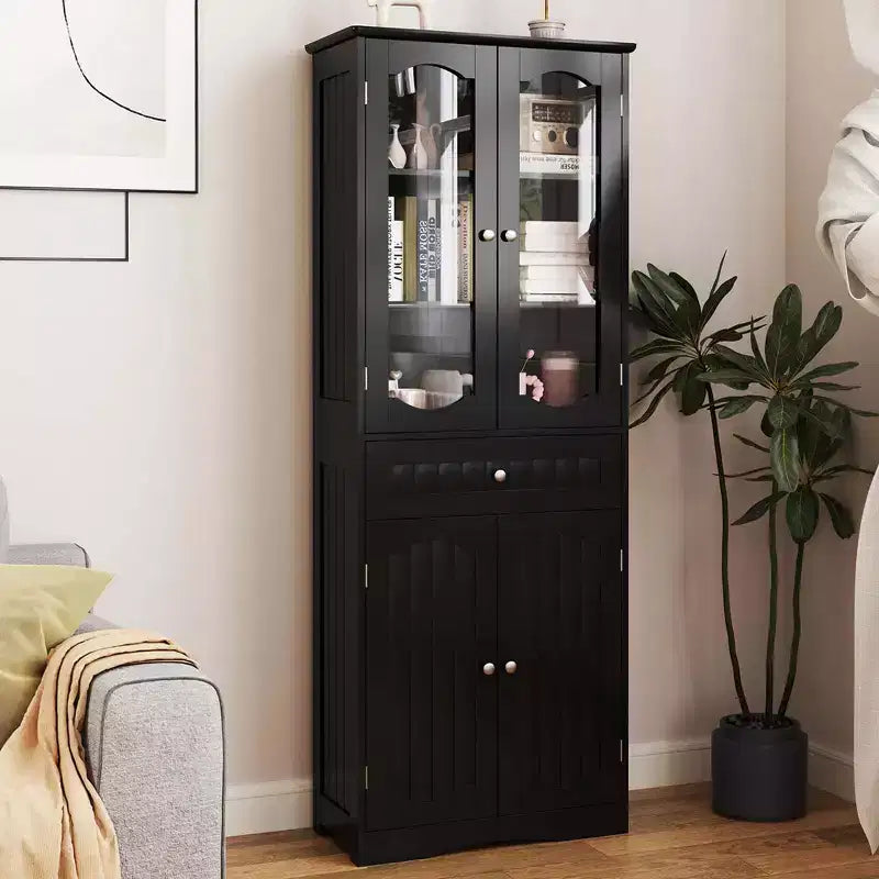 Armoire de salle de bain haute de 63 po avec portes en verre trempé, étagères réglables, grand tiroir Blanc/Noir