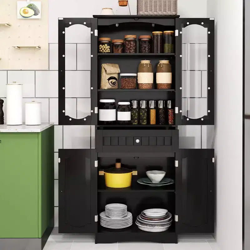 Armoire de salle de bain haute de 63 po avec portes en verre trempé, étagères réglables, grand tiroir Blanc/Noir