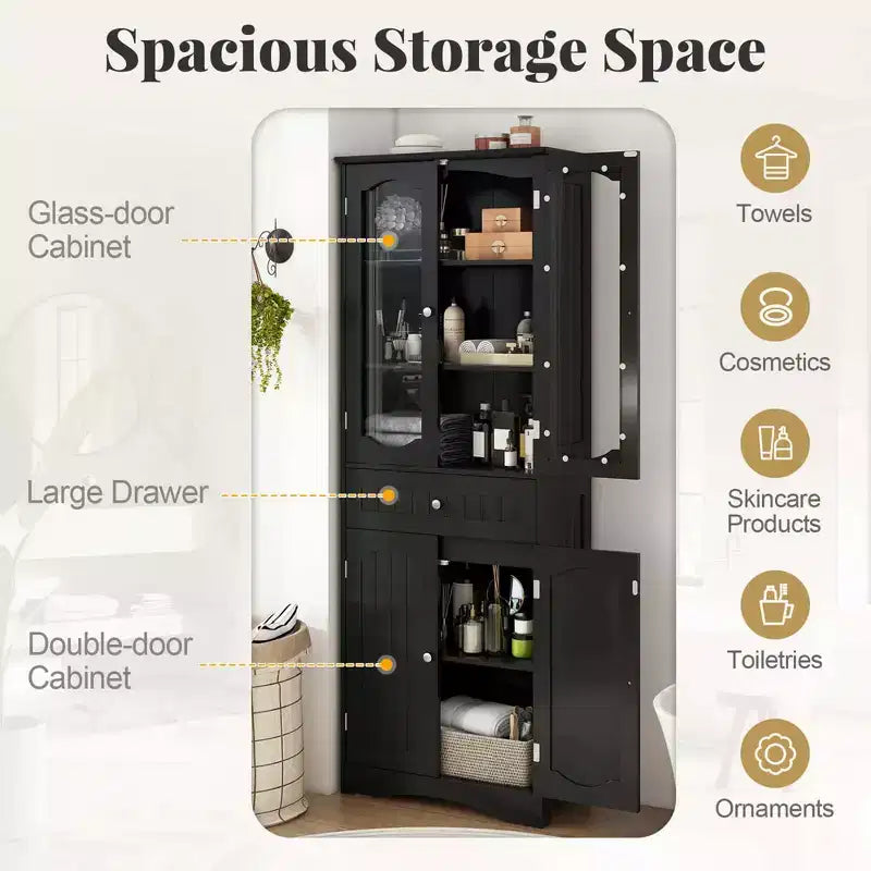 Armoire de salle de bain haute de 63 po avec portes en verre trempé, étagères réglables, grand tiroir Blanc/Noir