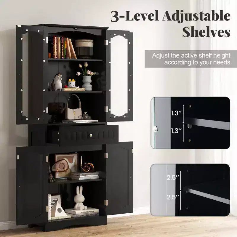 Armoire de salle de bain haute de 63 po avec portes en verre trempé, étagères réglables, grand tiroir Blanc/Noir