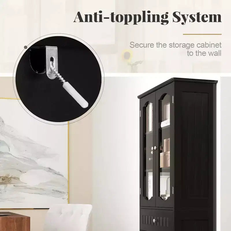 Armoire de salle de bain haute de 63 po avec portes en verre trempé, étagères réglables, grand tiroir Blanc/Noir