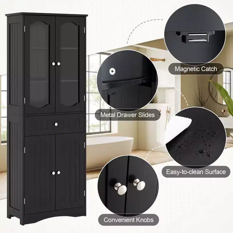 Armoire de salle de bain haute de 63 po avec portes en verre trempé, étagères réglables, grand tiroir Blanc/Noir