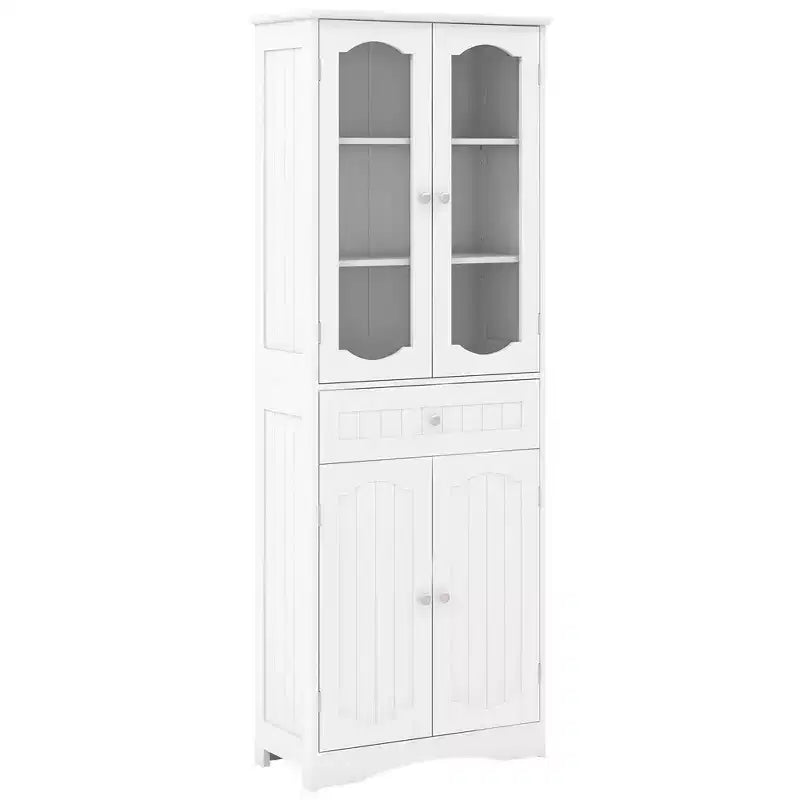 Armoire de salle de bain haute de 63 po avec portes en verre trempé, étagères réglables, grand tiroir Blanc/Noir