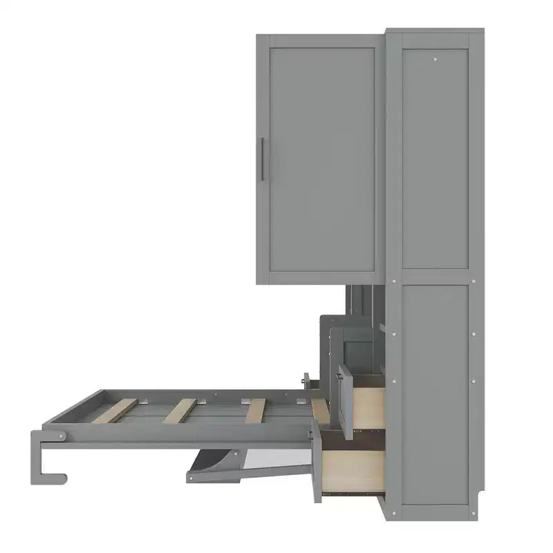 Lit mural escamotable queen size au design moderne, se pliant en une armoire avec penderie, tiroirs et étagères