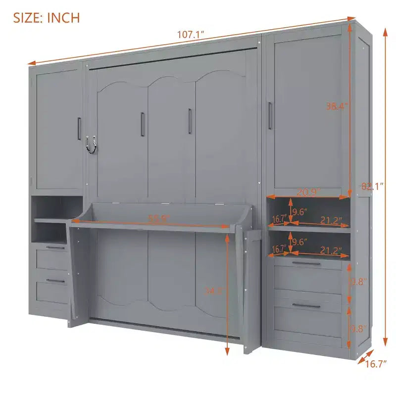 Lit mural escamotable queen size au design moderne, se pliant en une armoire avec penderie, tiroirs et étagères