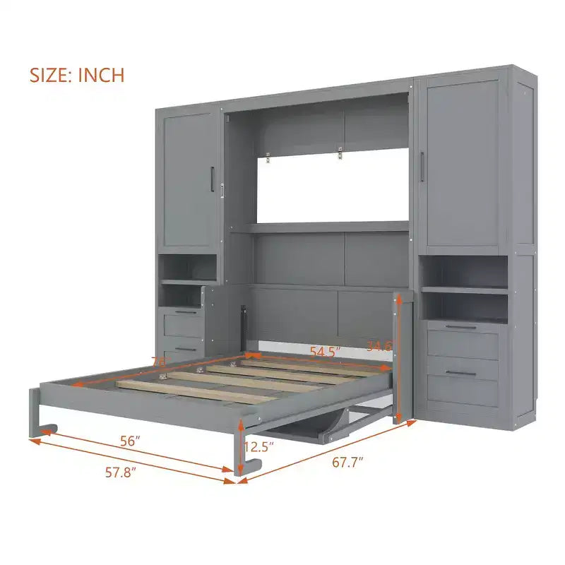Lit mural escamotable queen size au design moderne, se pliant en une armoire avec penderie, tiroirs et étagères
