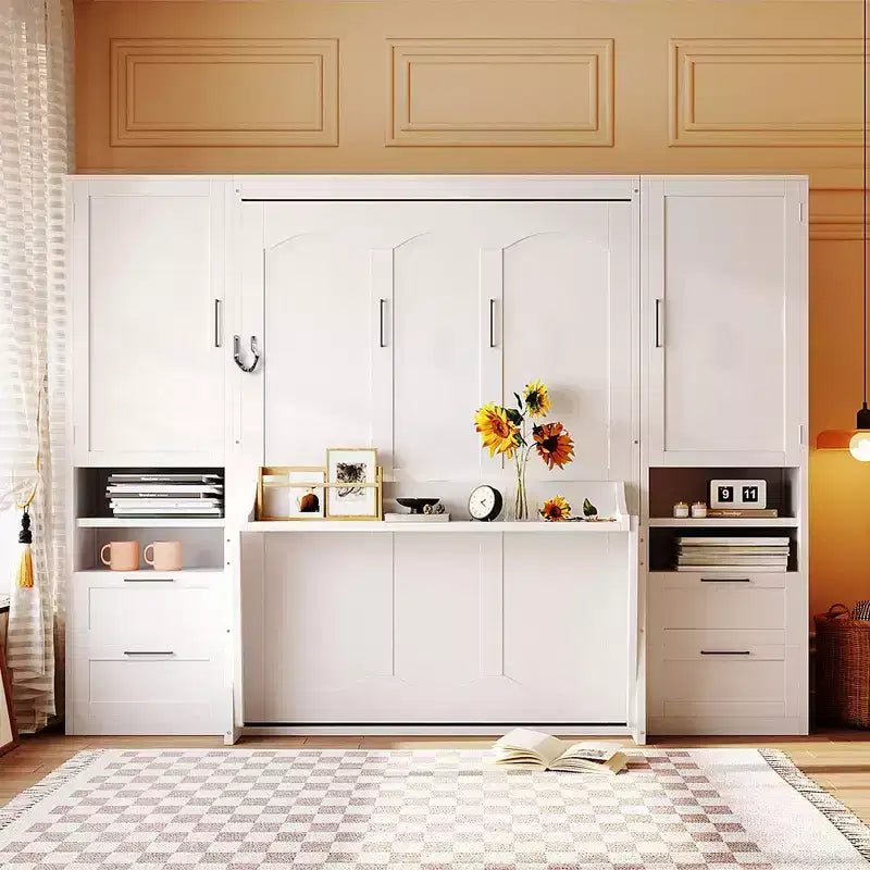 Lit mural escamotable queen size au design moderne, se pliant en une armoire avec penderie, tiroirs et étagères