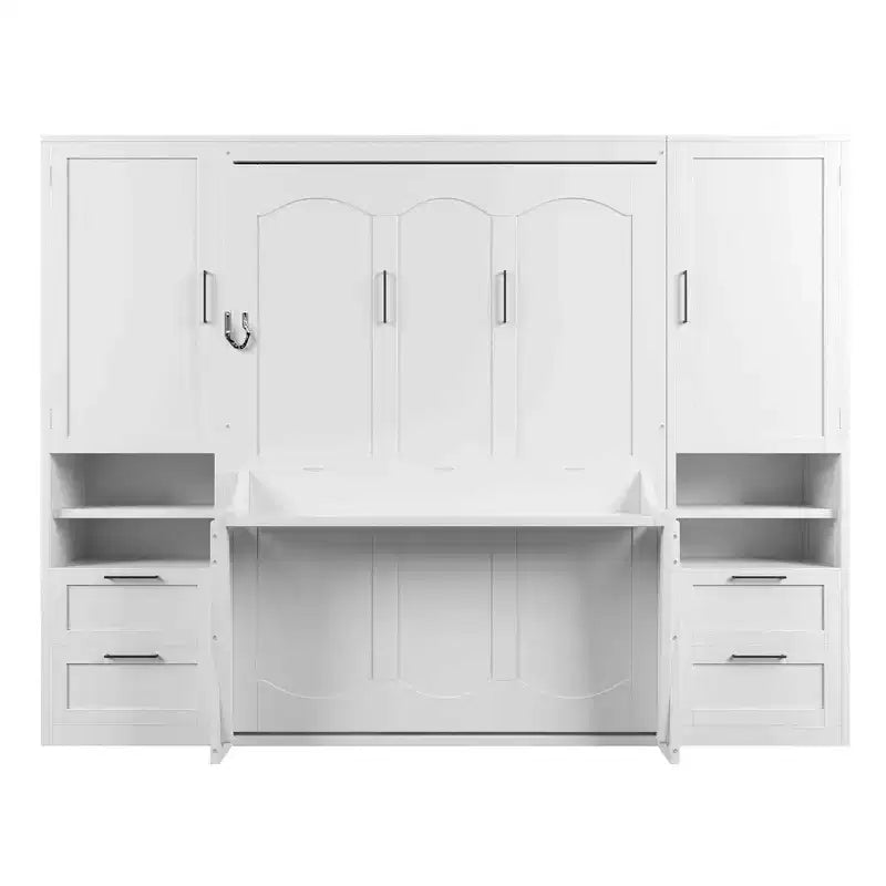 Lit mural escamotable queen size au design moderne, se pliant en une armoire avec penderie, tiroirs et étagères