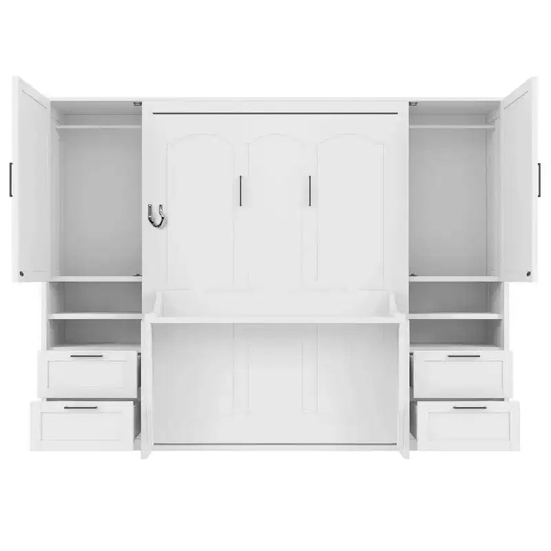 Lit mural escamotable queen size au design moderne, se pliant en une armoire avec penderie, tiroirs et étagères