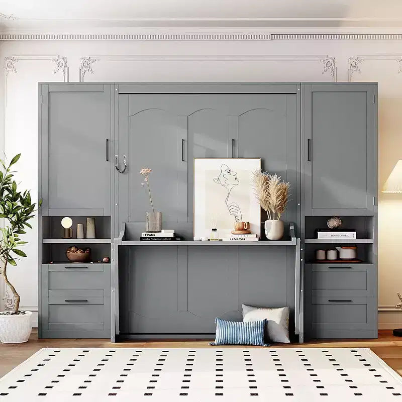Lit mural escamotable queen size au design moderne, se pliant en une armoire avec penderie, tiroirs et étagères