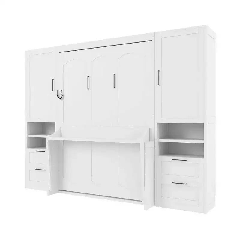 Lit mural escamotable queen size au design moderne, se pliant en une armoire avec penderie, tiroirs et étagères