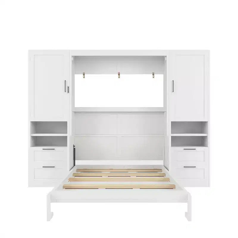 Lit mural escamotable queen size au design moderne, se pliant en une armoire avec penderie, tiroirs et étagères