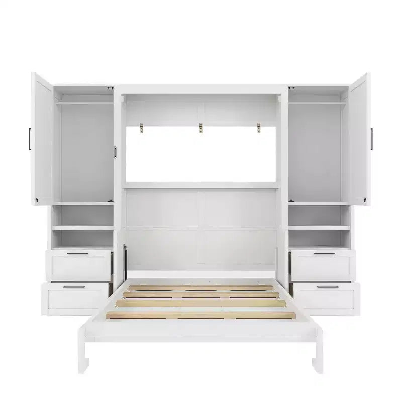 Lit mural escamotable queen size au design moderne, se pliant en une armoire avec penderie, tiroirs et étagères