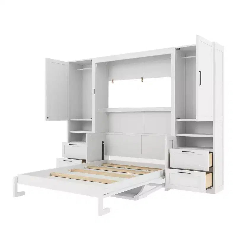 Lit mural escamotable queen size au design moderne, se pliant en une armoire avec penderie, tiroirs et étagères