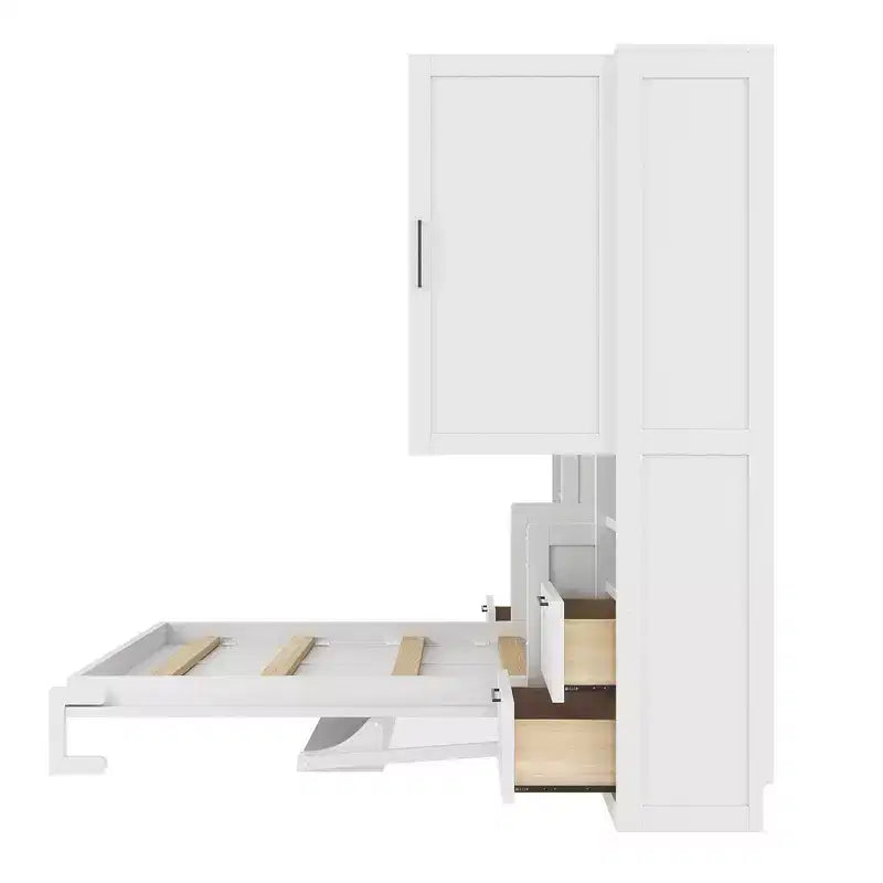 Lit mural escamotable queen size au design moderne, se pliant en une armoire avec penderie, tiroirs et étagères