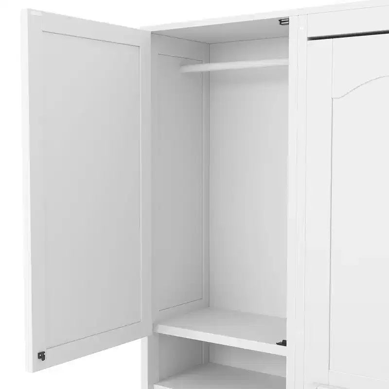 Lit mural escamotable queen size au design moderne, se pliant en une armoire avec penderie, tiroirs et étagères