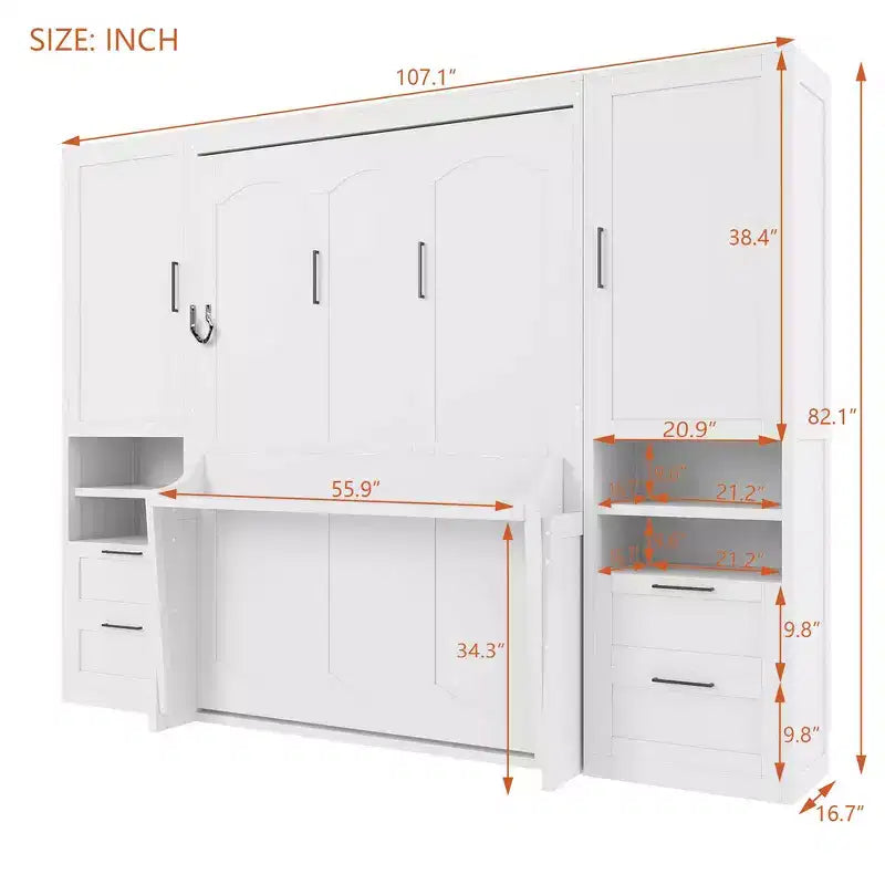 Lit mural escamotable queen size au design moderne, se pliant en une armoire avec penderie, tiroirs et étagères