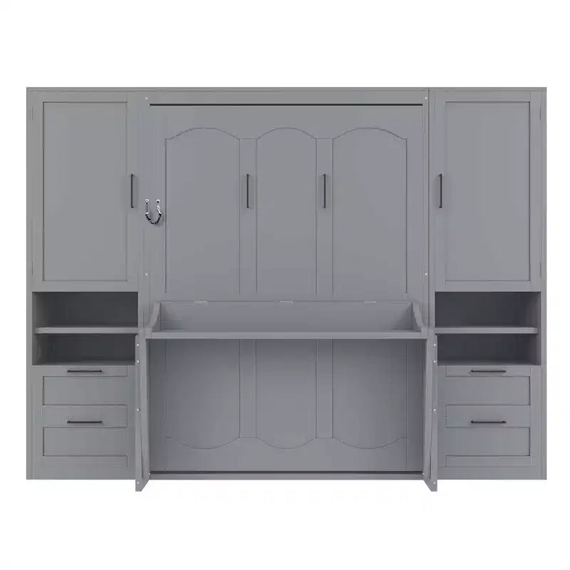Lit mural escamotable queen size au design moderne, se pliant en une armoire avec penderie, tiroirs et étagères