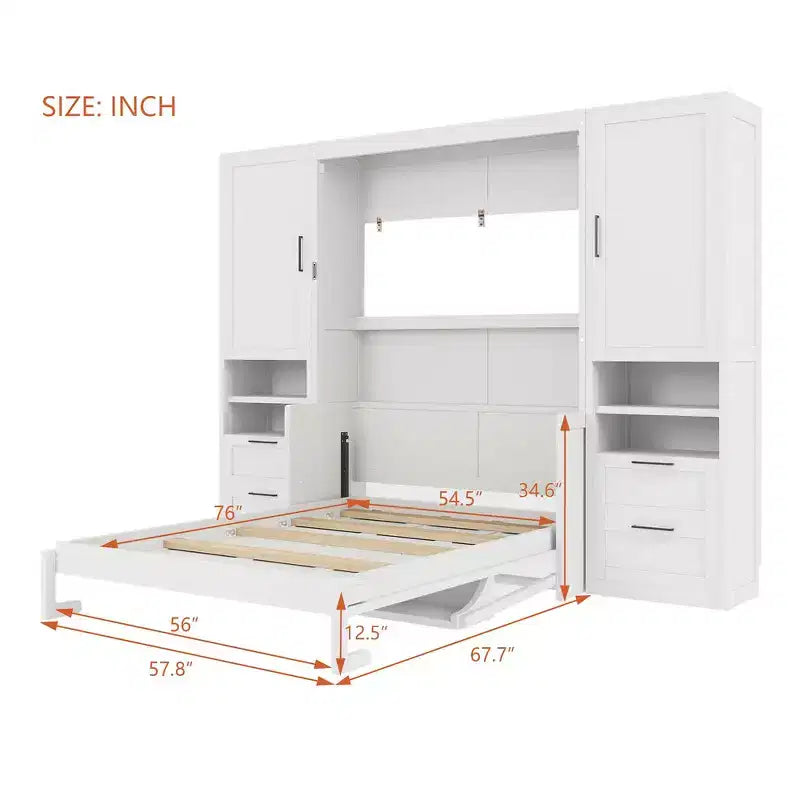 Lit mural escamotable queen size au design moderne, se pliant en une armoire avec penderie, tiroirs et étagères
