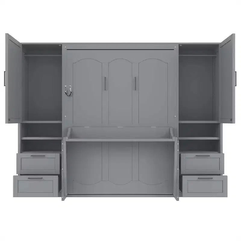 Lit mural escamotable queen size au design moderne, se pliant en une armoire avec penderie, tiroirs et étagères