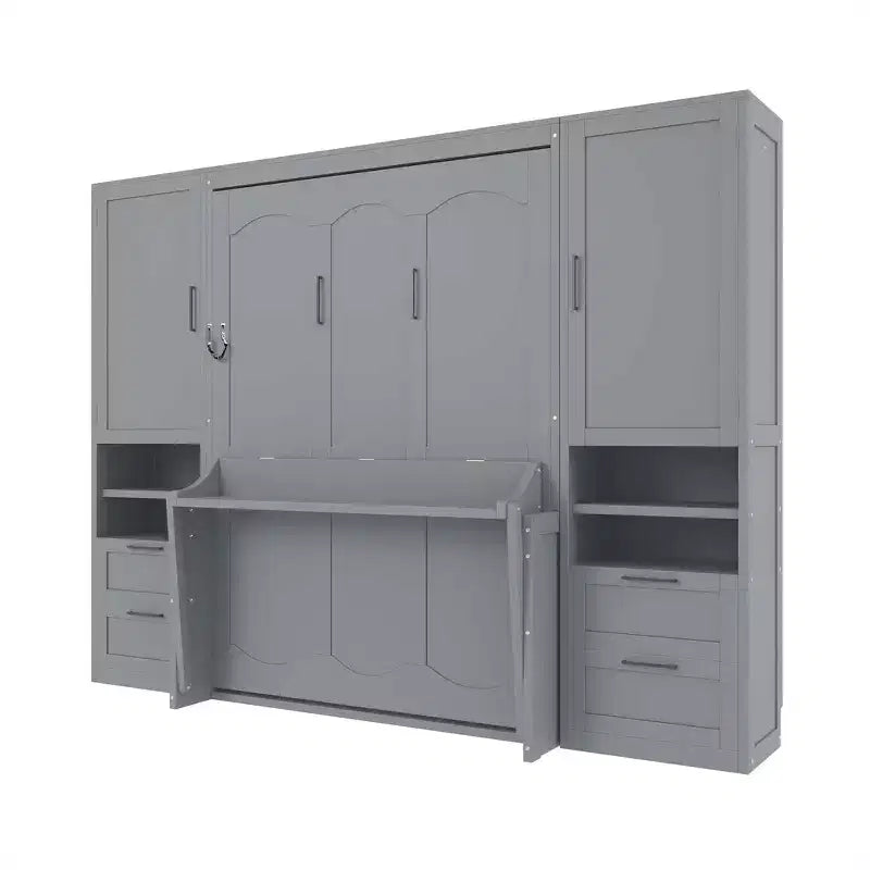 Lit mural escamotable queen size au design moderne, se pliant en une armoire avec penderie, tiroirs et étagères