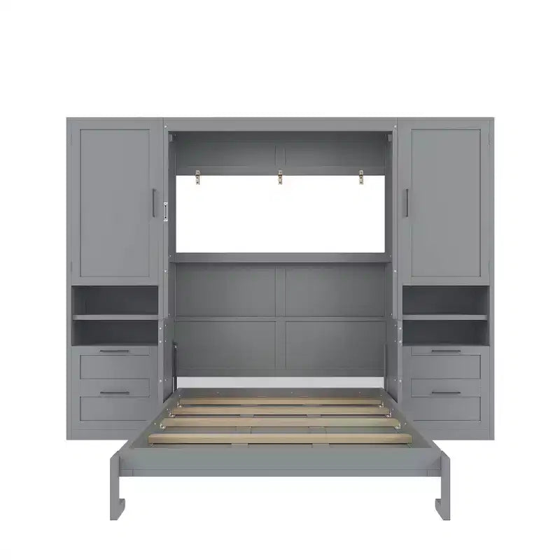 Lit mural escamotable queen size au design moderne, se pliant en une armoire avec penderie, tiroirs et étagères