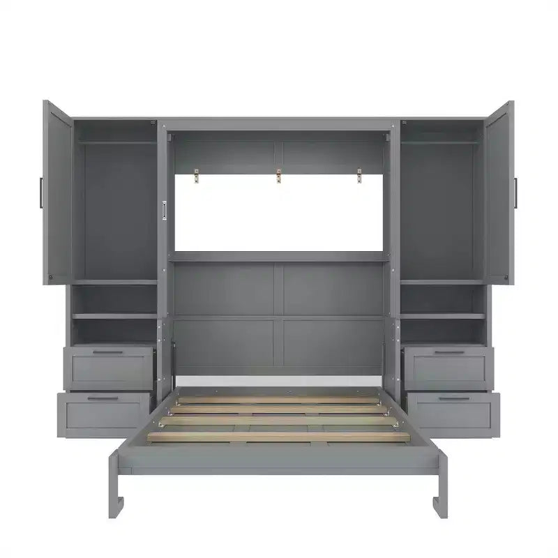 Lit mural escamotable queen size au design moderne, se pliant en une armoire avec penderie, tiroirs et étagères